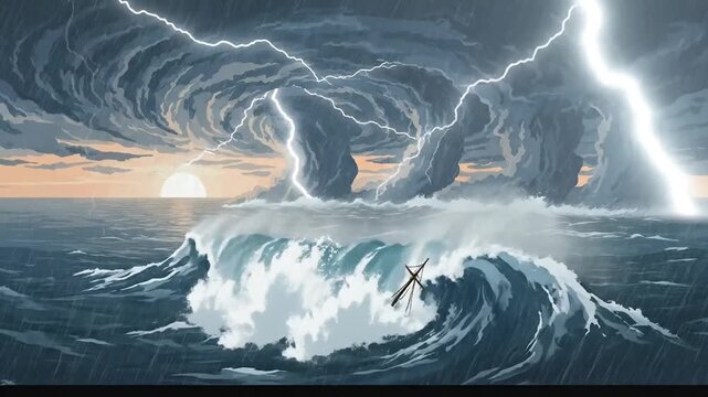 Small boat battling massive waves and lightning