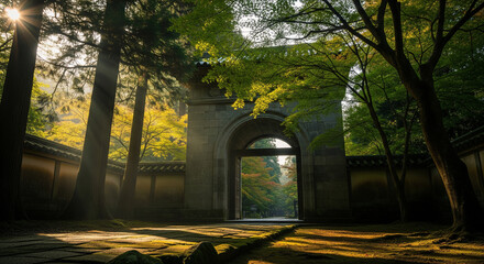 Empty temple entrance surrounded by trees