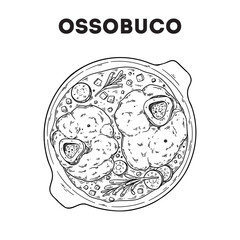 Ossobuco with veal shanks sketch. Vector drawing illustration. Italian food. Italian cuisine. Hand drawn. Top view. Not AI Generated.
