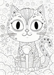 Fototapeta premium Whimsical Black and White Cat Coloring Page with Patterns