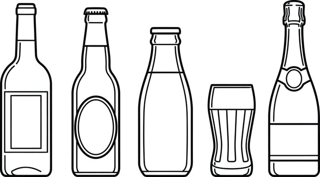 Line art vector set of 5 Bottle Shapes wine bottle beer bottle milk bottle soda glass and champagne bottle