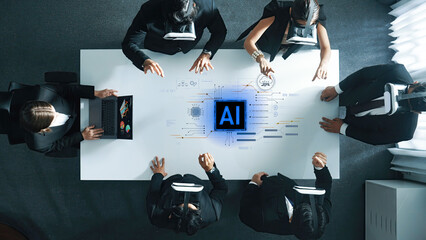 A diverse group of business professionals engaged in a collaborative meeting focusing on artificial intelligence projects through virtual reality technology in a sleek modern office environment. Trope