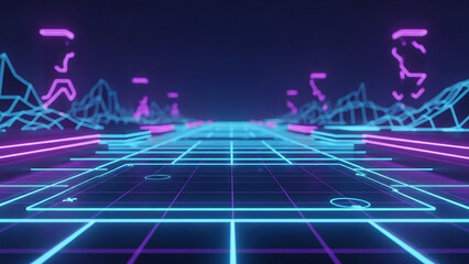 Immersive cyber world: a vibrant digital landscape with neon grid and abstract figures in motion