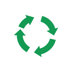 A vibrant green circular recycling symbol featuring three chasing arrows demonstrates the continuous process of reuse and resource conservation effectively
