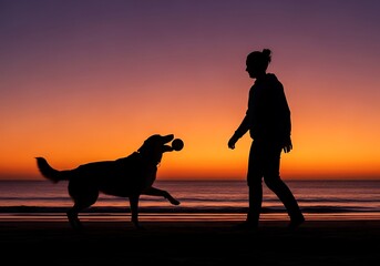 Silhouettes of person and dog playing fetch at vibrant beach sunset.