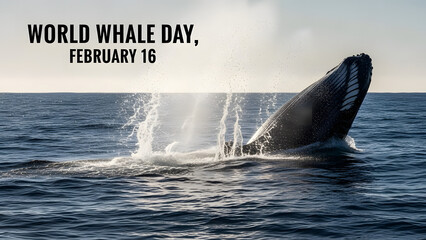 Fototapeta premium A whale breaches the ocean's surface on World Whale Day, February 16, in a serene aquatic environment