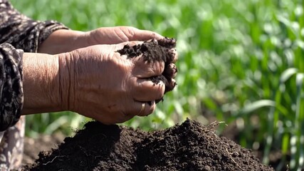 Hardworking senior woman sifting fertile soil in a garden. Concept of agriculture and growth
