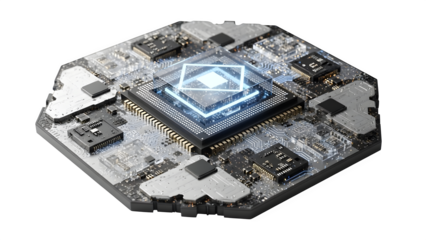 Advanced Microchip Circuit Board with Glowing Core isolated on transparent background