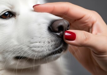 Detailed Macro Shot Capturing Human Hand Gently Touching White Dog's Nose