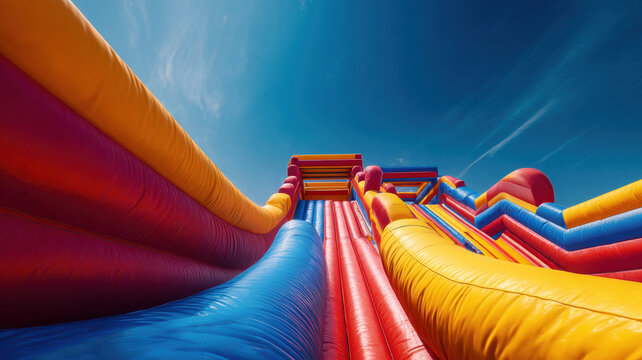 Colorful Inflatable Bounce Castle Slide With Vibrant Stripes Against Blue Sky From Below Perspective View