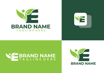 Letter E vector logo design with leaves - E letter and leaf logo vector illustration.