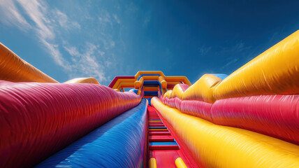 Colorful Inflatable Bounce Castle Slide With Vibrant Stripes Against Blue Sky From Below Perspective View