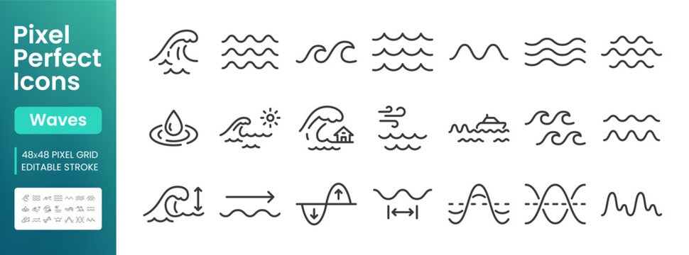 Water waves line icon set. Sea water, lake ripples, ocean storm, tsunami minimal vector illustrations. Simple outline signs for marine weather forecast. 48x48 Pixel Perfect. Editable Stroke.