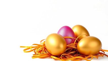 Drei goldene Ostereier und ein glitzerndes rosa Ei in einem Nest aus Schleifen auf wei&szlig;em Hintergrund