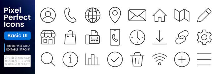 Plakat Web and communication line icon set. User, phone, mail, location, home minimal vector illustrations. Simple outline signs for contact us, basic UI. 48x48 Pixel Perfect. Editable Stroke.