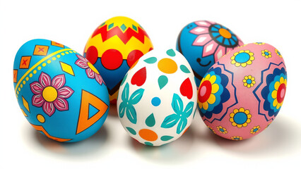 Bunte Ostereier mit floralen und geometrischen Mustern auf wei&szlig;em Hintergrund