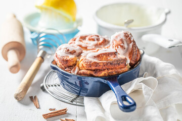 Traditionally cinnamon buns with cocoa and sugar. Scandinavian dessert.