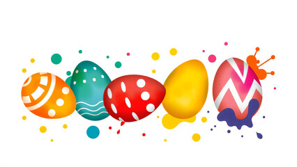 Illustrierte Ostereier in einer Reihe mit bunten Farbspritzern auf wei&szlig;em Hintergrund