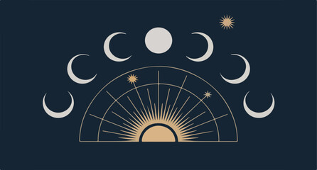 Celestial Sunrise Over Horizon With Crescent Moons and Starry Radial Arch Design.