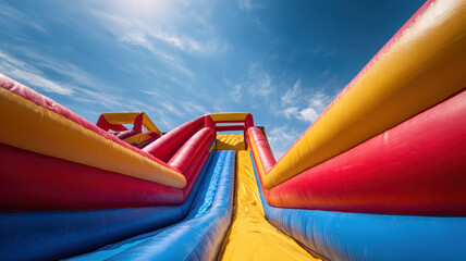 Colorful Inflatable Water Slide with Blue Pool Perspective View Summer Fun Outdoor Entertainment Activity Recreation Concept
