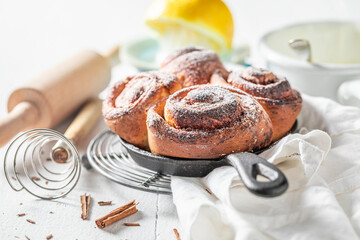 Tasty cinnamon rolls as christmas dessert. Best Christmas snack.