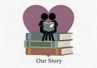 Loving Couple Stick Figures Sitting on Stacked Books Reading Our Shared Story