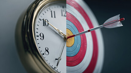 Creative Half Clock Half Target with Arrow Concept Time Management Goal Achievement Deadline Success Business Strategy Planning