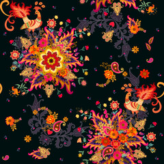 Bright birds, lush bouquets of flowers in medallion shapes, a mandala, and paisley ornament on a deep black background. Beautiful seamless pattern. Russian and Indian motifs.