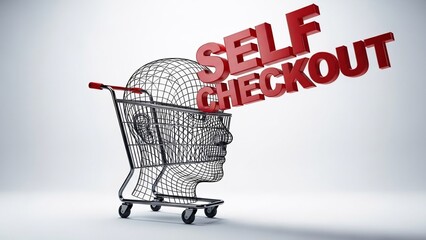 A wireframe human head in a shopping cart with a red self checkout sign