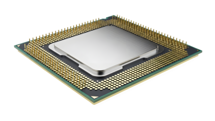 Computer CPU Processor Chip with Golden Pins, Technology Isolated on Transparent Background