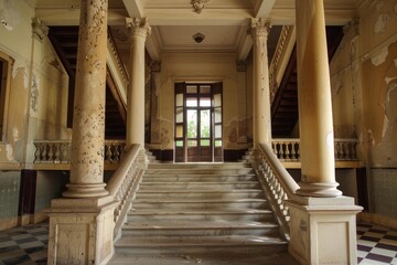 Naklejka premium Wide angle view of a decaying grand staircase with marble steps and columns, leading to open doors in an abandoned building, showing signs of dilapidation and decay
