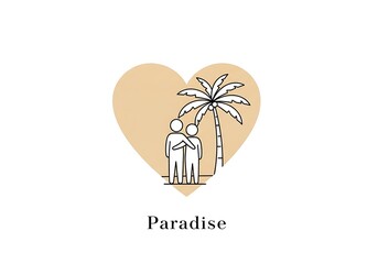 Minimalist Romantic Tropical Getaway Icon: Couple Embracing Inside Heart Shape.