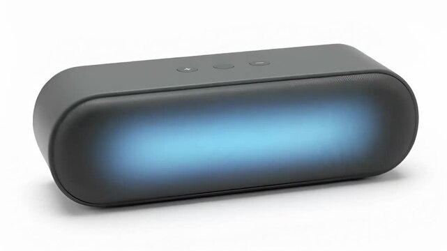 Minimalist wireless speaker with modern calm mood glowing with blue light on a clean white background with copy space