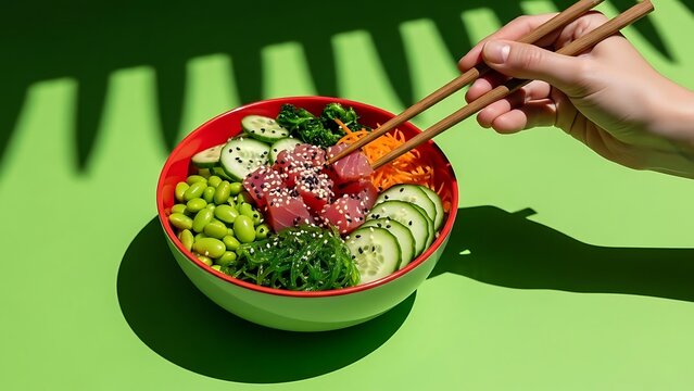 Vibrant poke bowl with fresh ingredients and chopsticks