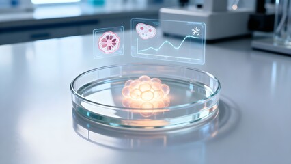 Futuristic laboratory scene with glowing cell cluster in a Petri dish and holographic medical dashboards above, representing biotechnology research, cell culture analysis and regenerative medicine.