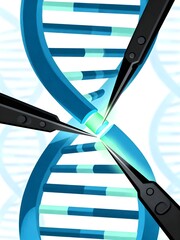 Abstract 3D illustration of CRISPR gene editing with surgical tools cutting and replacing a glowing DNA fragment on white background, symbolizing biotechnology, genetics and medical innovation.