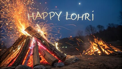 Lohri bonfire celebration glowing with sparks on winter night.
