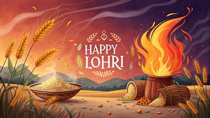 Happy Lohri harvest festival with wheat and glowing bonfire.