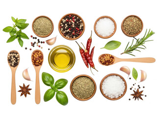 Assorted spices and herbs isolated on transparent background