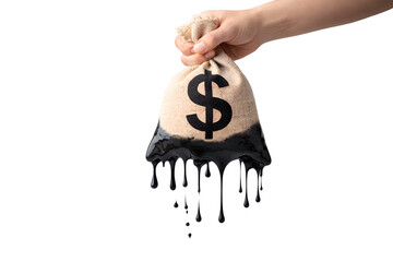Dependence on fossil fuels: Wallet soaked in crude oil against a white background