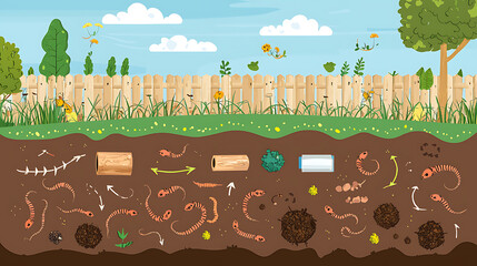 A detailed garden cross section shows soil layers with decomposing matter, earthworms, and roots beneath a fence lined lawn under a bright sky.