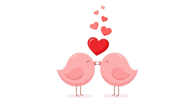 Two pink birds face each other beneath a red heart with smaller hearts floating above them on a white background - Powered by Adobe