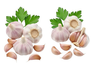 Garlic and parsley fresh herbs isolated on transparent background