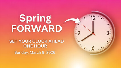 Spring Forward DST Time Change Announcement with Clock and Gradient Background daylight saving time