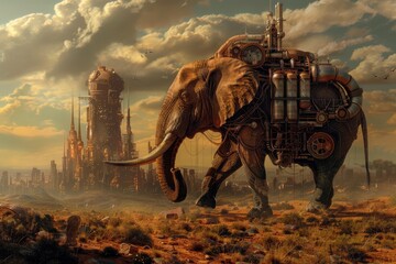 Large steampunk elephant walking through a barren desert landscape towards a towering futuristic city in a cloudy sky