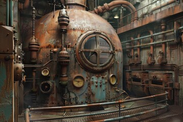Steampunk boiler creating steam and energy in an old factory, featuring rusty pipes, gauges, and metal textures