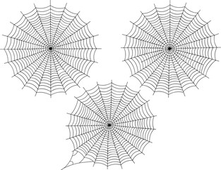 Obraz premium Collection of three symmetrical spider web designs featuring intricate radial patterns, silk threads, and minimalist cobweb icons for Halloween decor.