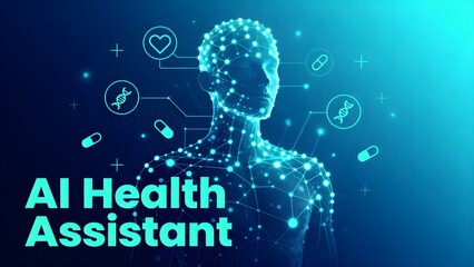 Futuristic glowing human figure made of connected dots and lines with medical icons, pills and DNA symbols on blue background, representing AI health assistant and digital healthcare technology concep