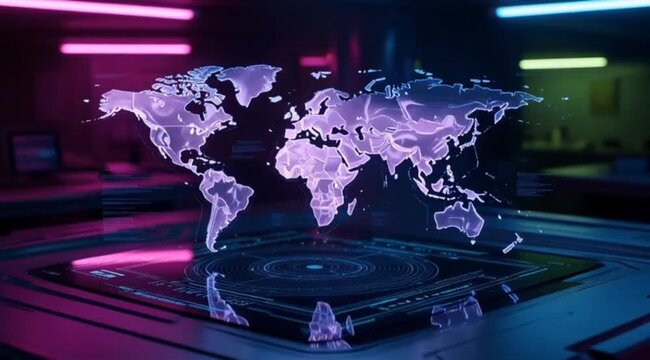 a glowing holographic projection map floating in the air, 4k video