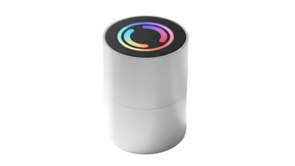 Modern white smart speaker with colorful rainbow light on top isolated on transparent background